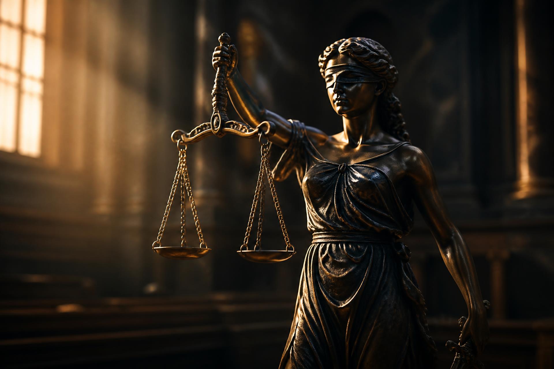 Lady Justice statue bathed in golden light